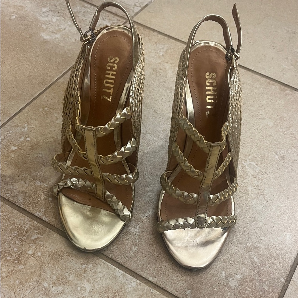 SCHUTZ Gold Braided Strap Heels